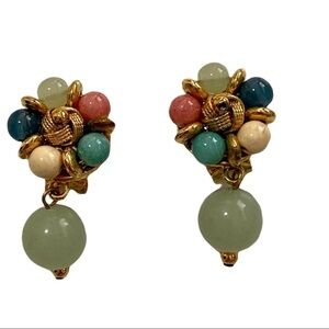 Vintage 80's Multicolor Beaded Drop Earrings Gold-tone Clip-On Boho Retro